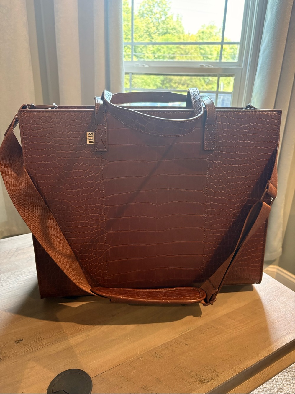 BEIS Brown Croc-Embossed Tote with Adjustable Strap